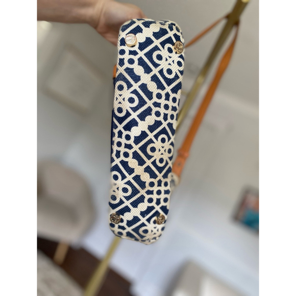 Spartina 449 Linen Leather Bag Daufuskie Island Geo Canvas Coastal Resort Prep - Picture 9 of 10